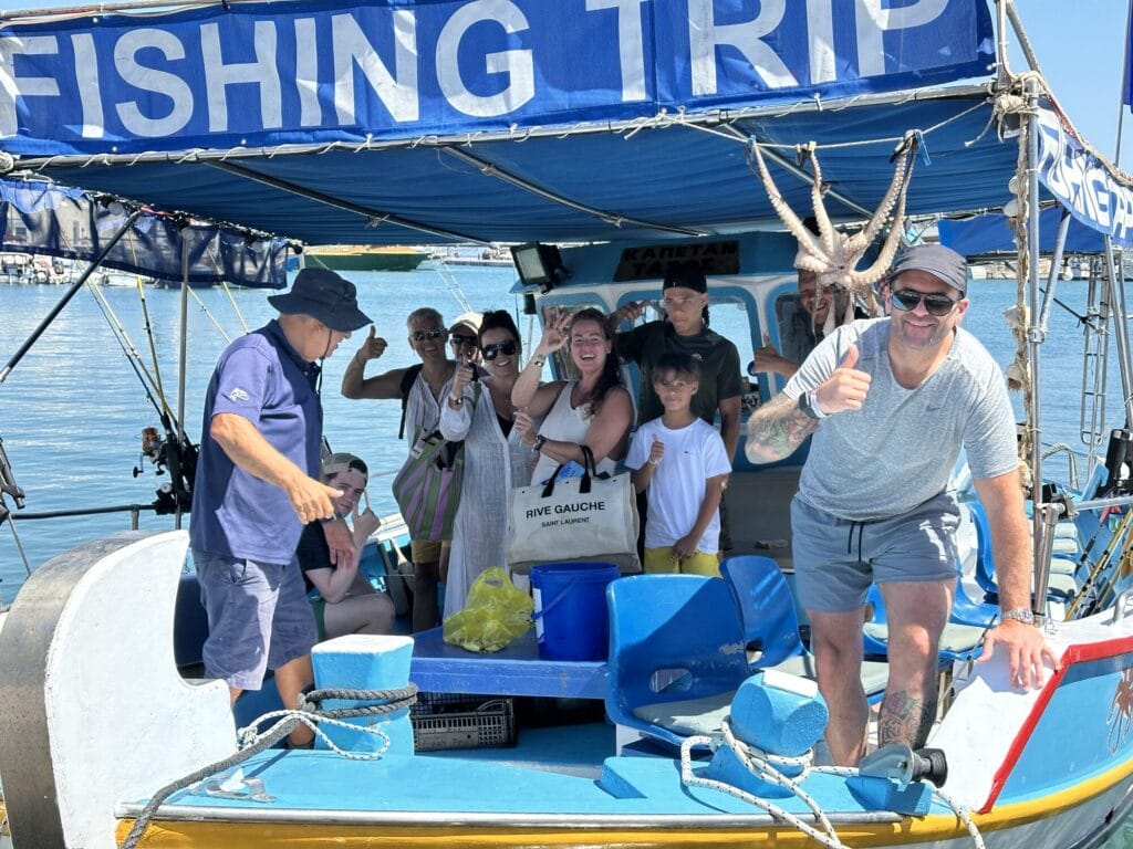 Guests on board the Captain Tasos before a fishing trip in Kos Harbour