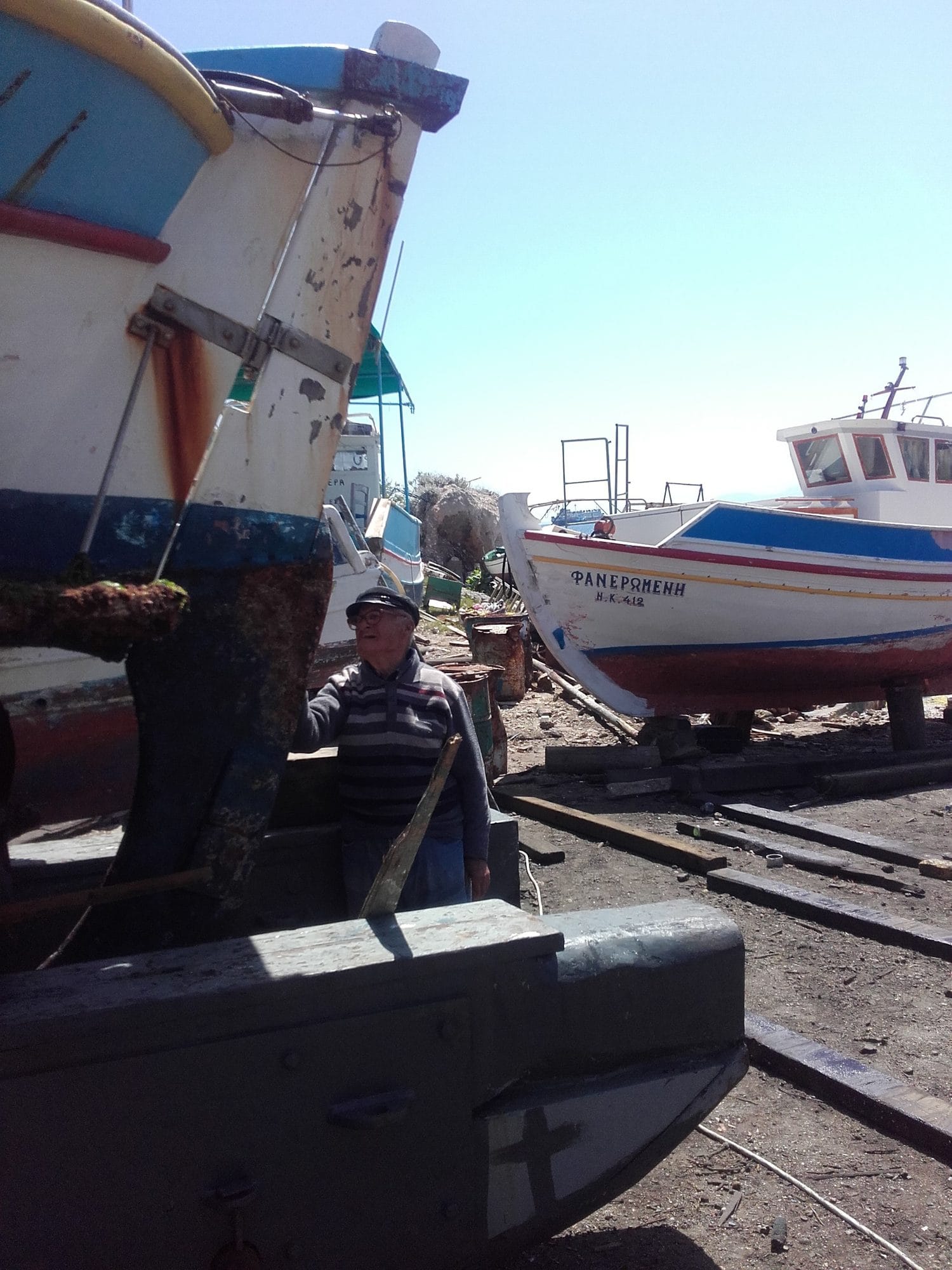 April 2017. Captain Tasos at the boatyard, checking the hull before the season.