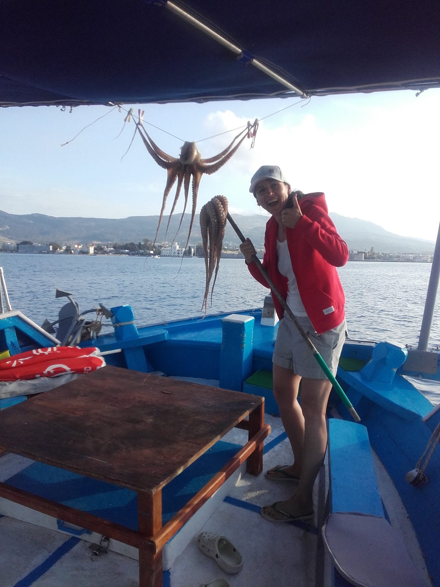 May 2017. An octopus from that trip, held up on board on the way back in.